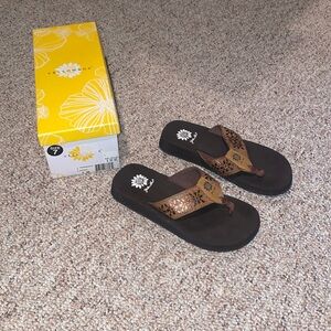 Yellow box flip flops
